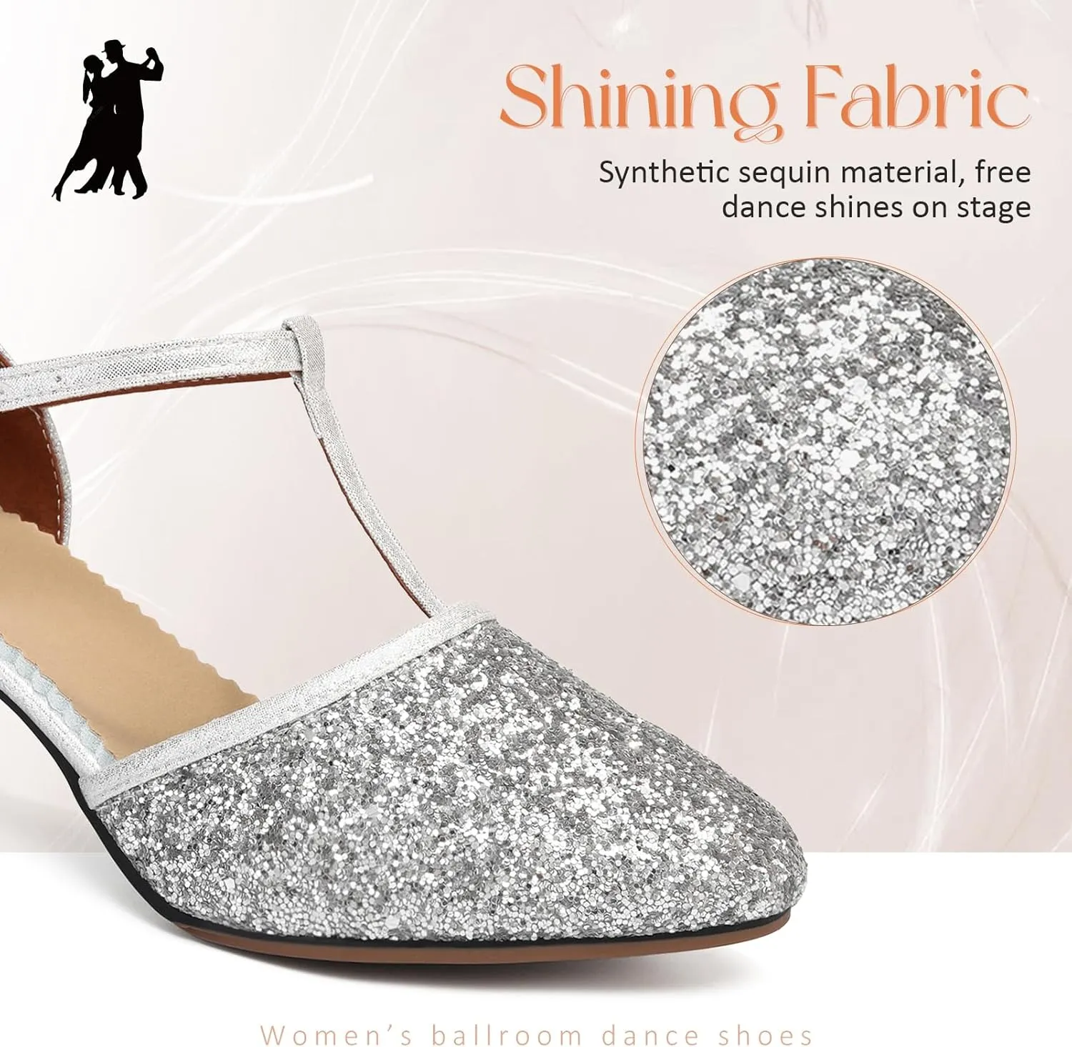 Women Latin Dance Shoes Sequin Closed Toe T-Strap Ballroom Salsa Tango Party Performance Dance Shoes,Model FT-135