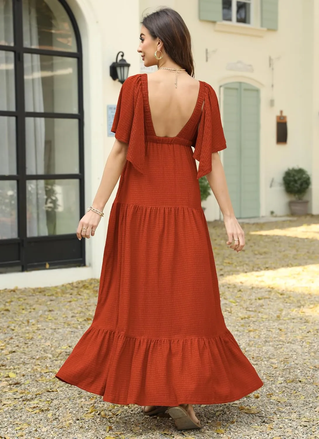 Women Summer Dresses Sexy V-Neck Maxi Dress Tiered Silhouette with Flutter Sleeve Backless Elastic Waist Flowy Dress