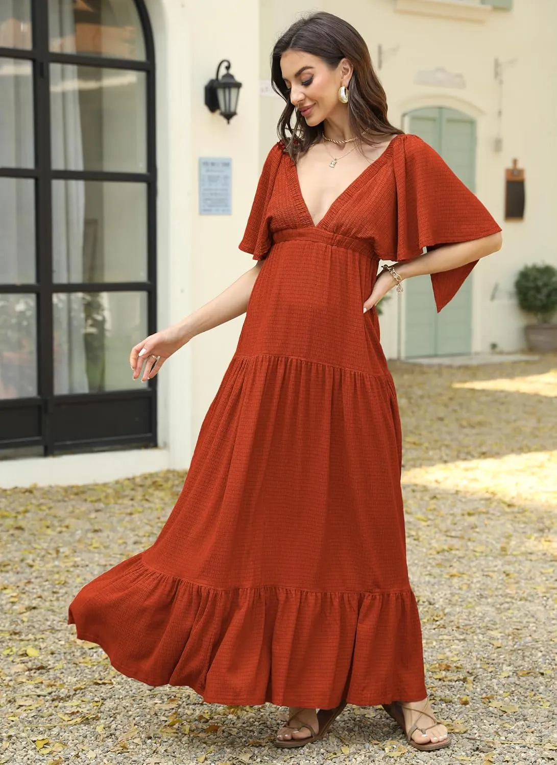 Women Summer Dresses Sexy V-Neck Maxi Dress Tiered Silhouette with Flutter Sleeve Backless Elastic Waist Flowy Dress