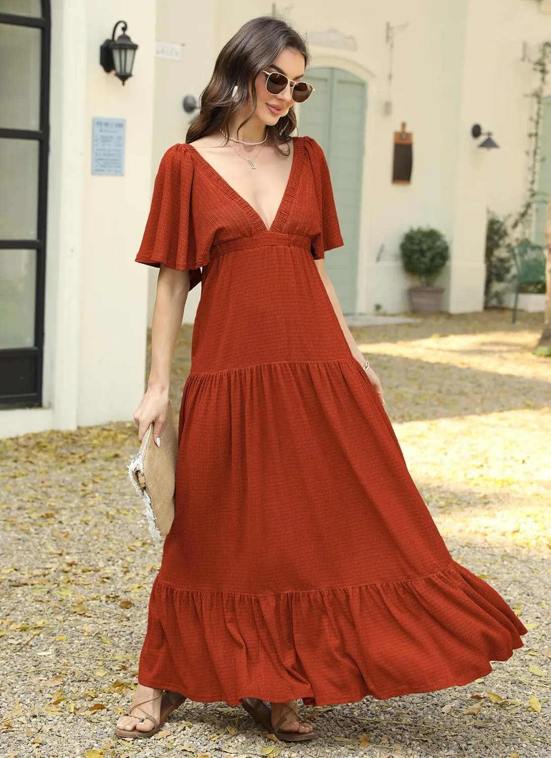 Women Summer Dresses Sexy V-Neck Maxi Dress Tiered Silhouette with Flutter Sleeve Backless Elastic Waist Flowy Dress