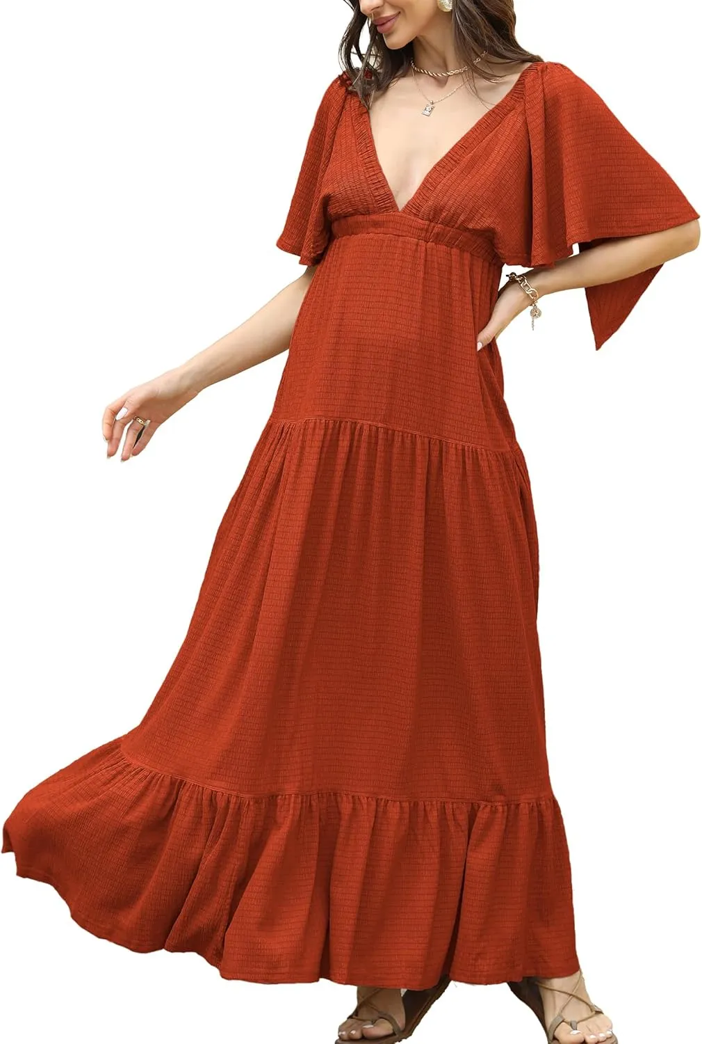 Women Summer Dresses Sexy V-Neck Maxi Dress Tiered Silhouette with Flutter Sleeve Backless Elastic Waist Flowy Dress