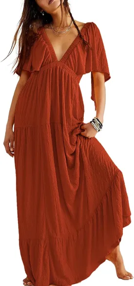 Women Summer Dresses Sexy V-Neck Maxi Dress Tiered Silhouette with Flutter Sleeve Backless Elastic Waist Flowy Dress