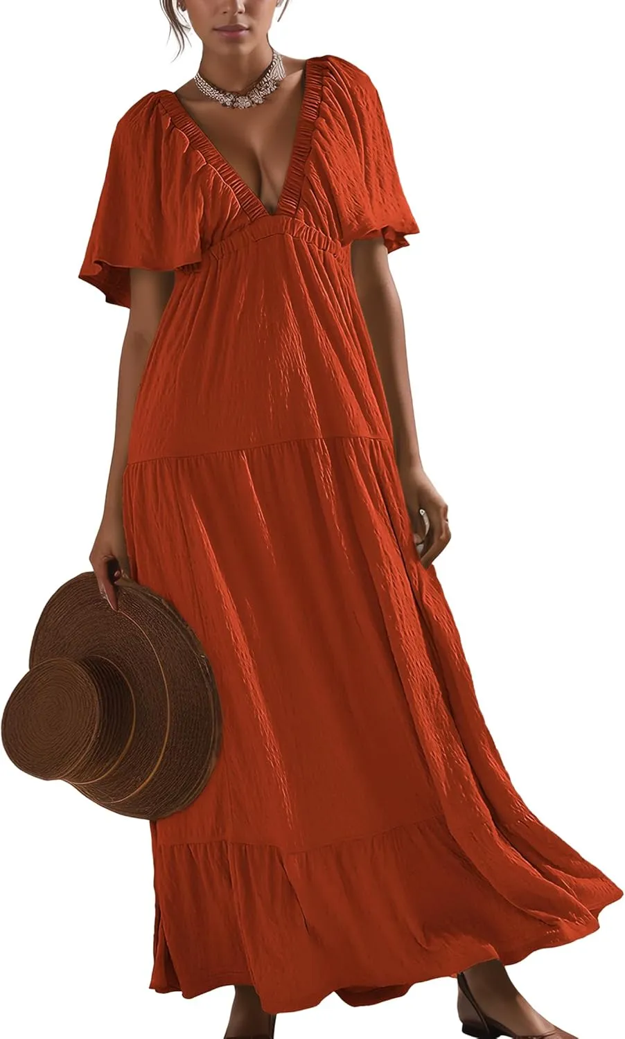 Women Summer Dresses Sexy V-Neck Maxi Dress Tiered Silhouette with Flutter Sleeve Backless Elastic Waist Flowy Dress