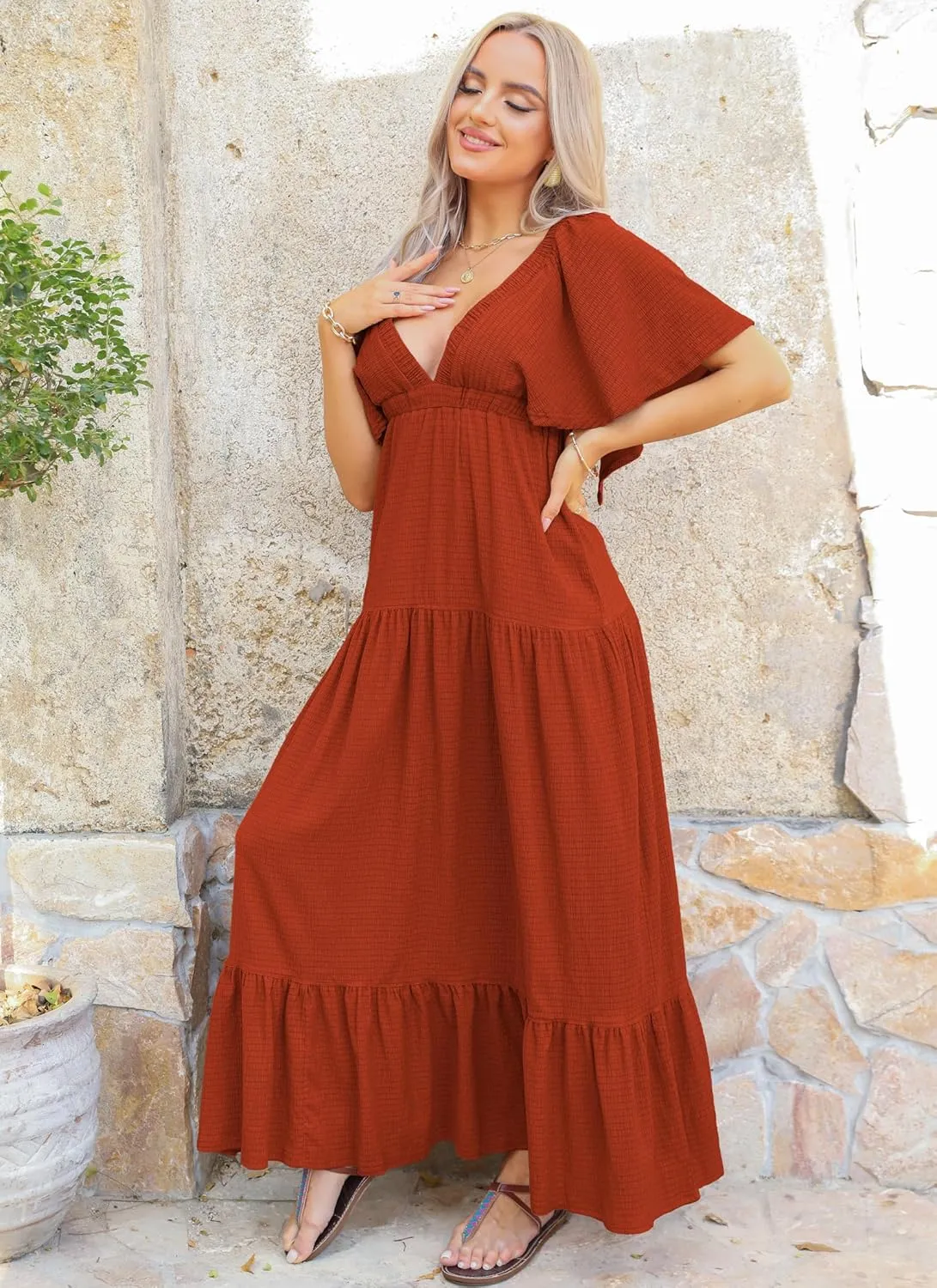 Women Summer Dresses Sexy V-Neck Maxi Dress Tiered Silhouette with Flutter Sleeve Backless Elastic Waist Flowy Dress