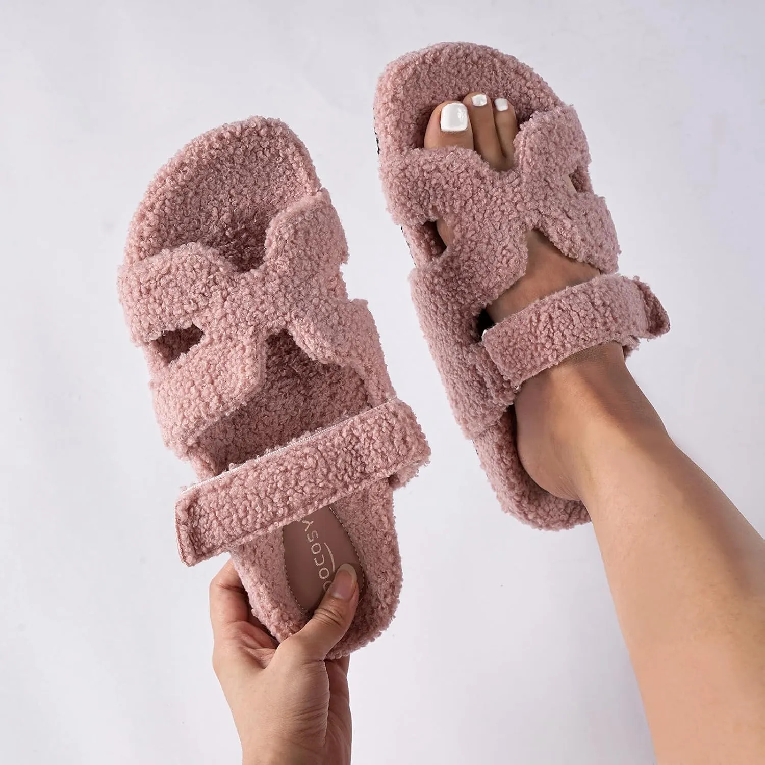 Womens Fuzzy H-Band Slippers Faux Shearling Open Toe Slide Sandal Adjustable House Shoes Wide Width