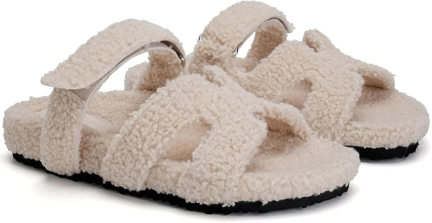 Womens Fuzzy H-Band Slippers Faux Shearling Open Toe Slide Sandal Adjustable House Shoes Wide Width