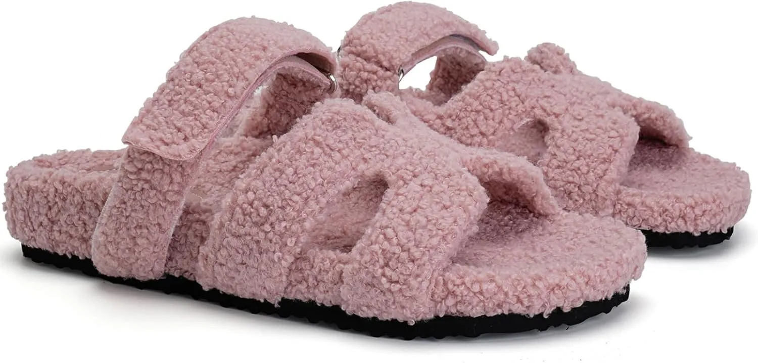 Womens Fuzzy H-Band Slippers Faux Shearling Open Toe Slide Sandal Adjustable House Shoes Wide Width