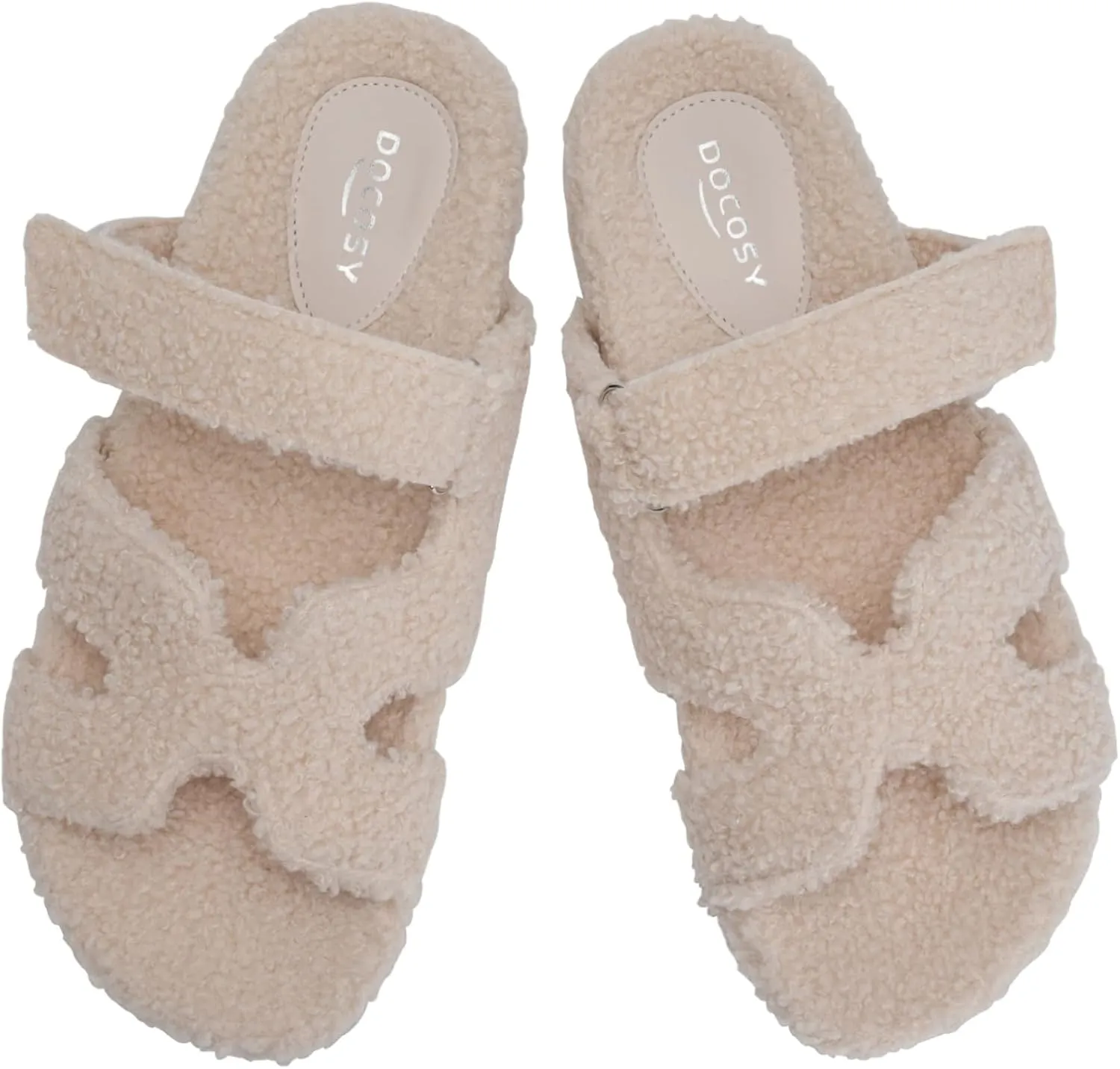 Womens Fuzzy H-Band Slippers Faux Shearling Open Toe Slide Sandal Adjustable House Shoes Wide Width