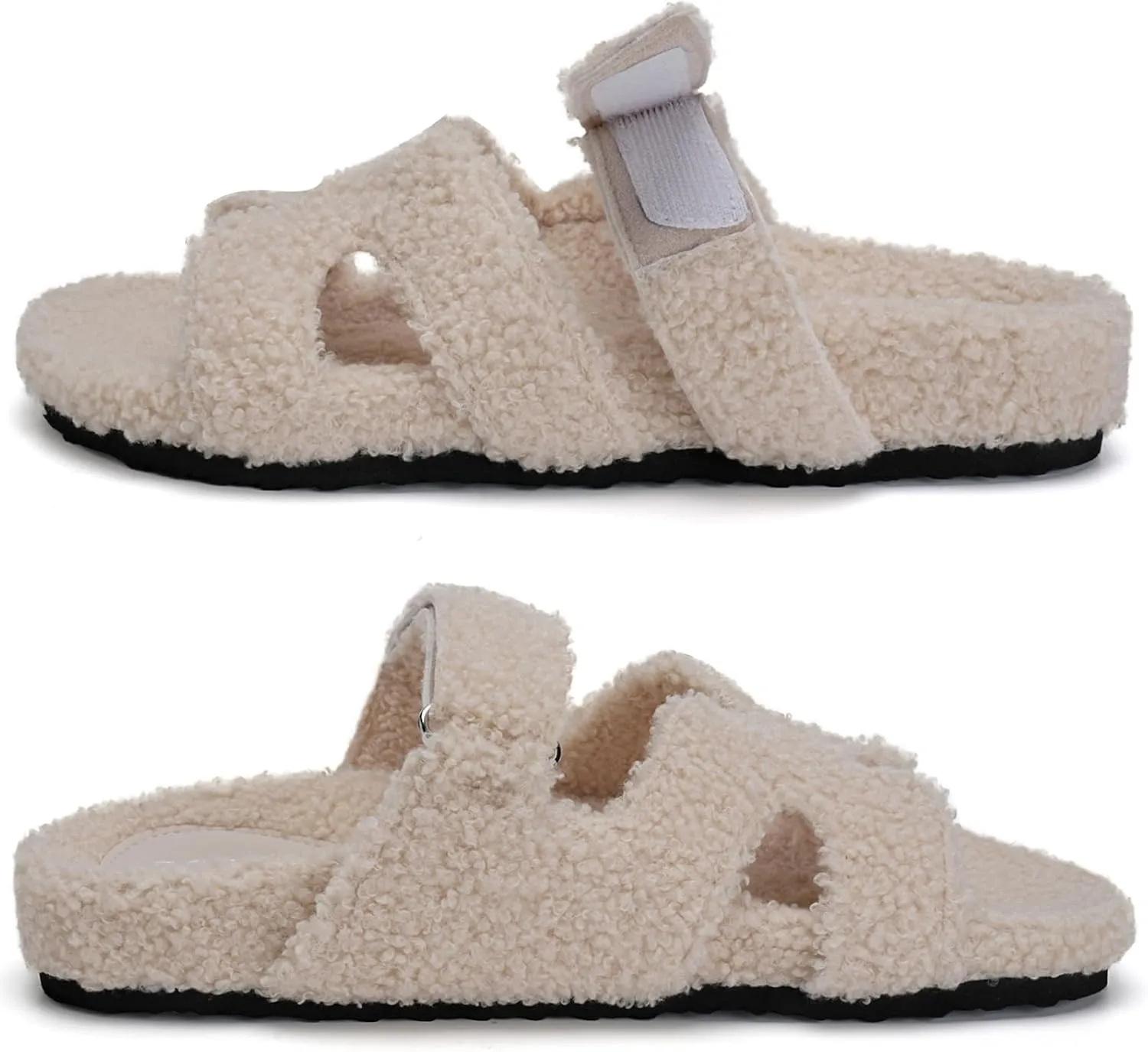 Womens Fuzzy H-Band Slippers Faux Shearling Open Toe Slide Sandal Adjustable House Shoes Wide Width