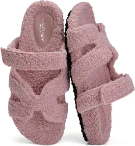 Womens Fuzzy H-Band Slippers Faux Shearling Open Toe Slide Sandal Adjustable House Shoes Wide Width