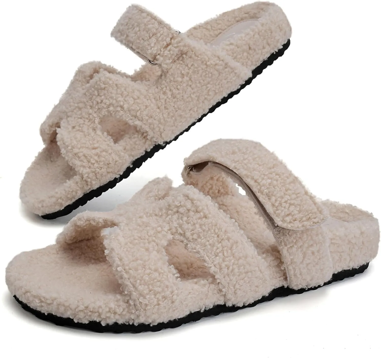 Womens Fuzzy H-Band Slippers Faux Shearling Open Toe Slide Sandal Adjustable House Shoes Wide Width