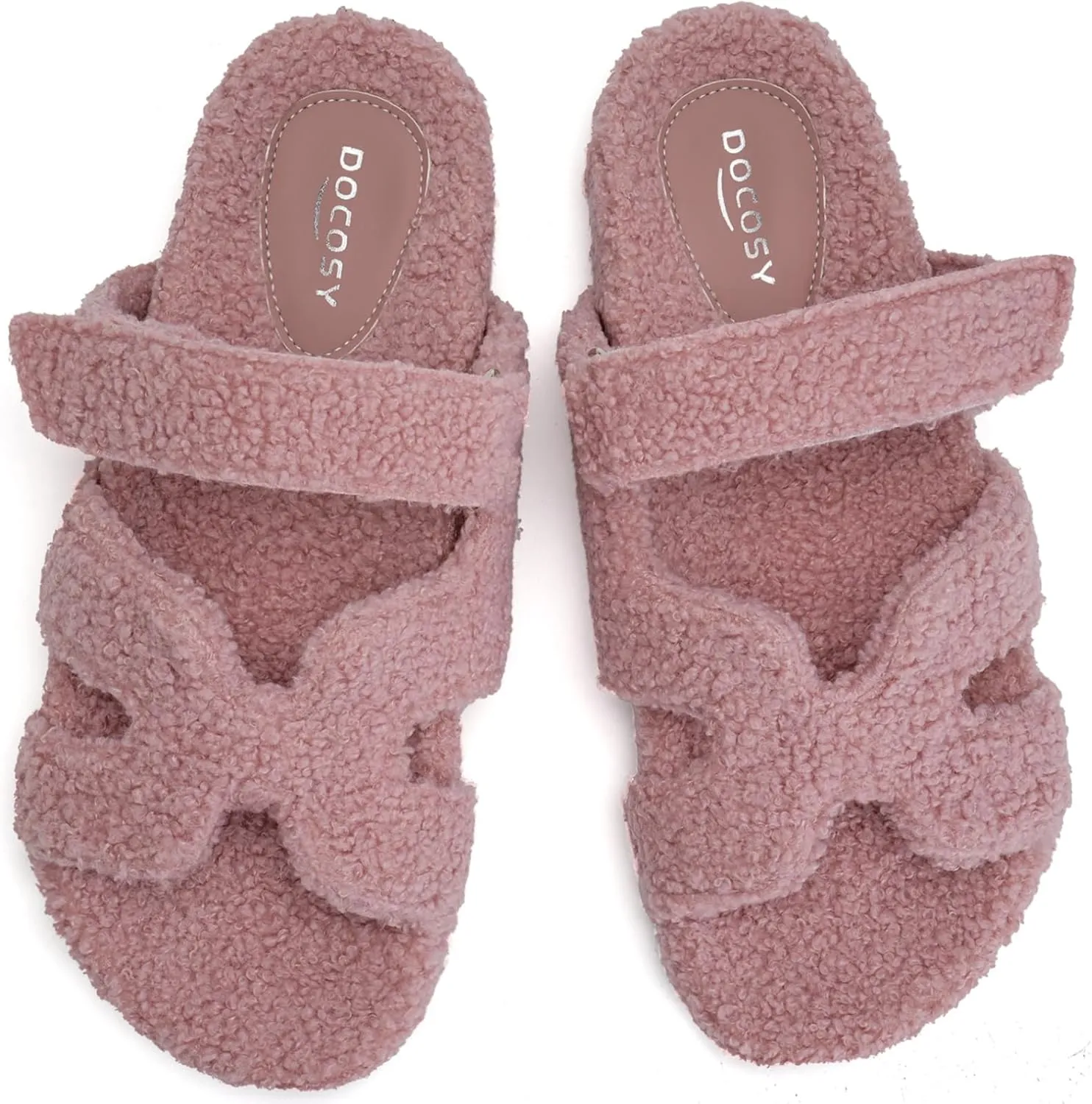 Womens Fuzzy H-Band Slippers Faux Shearling Open Toe Slide Sandal Adjustable House Shoes Wide Width