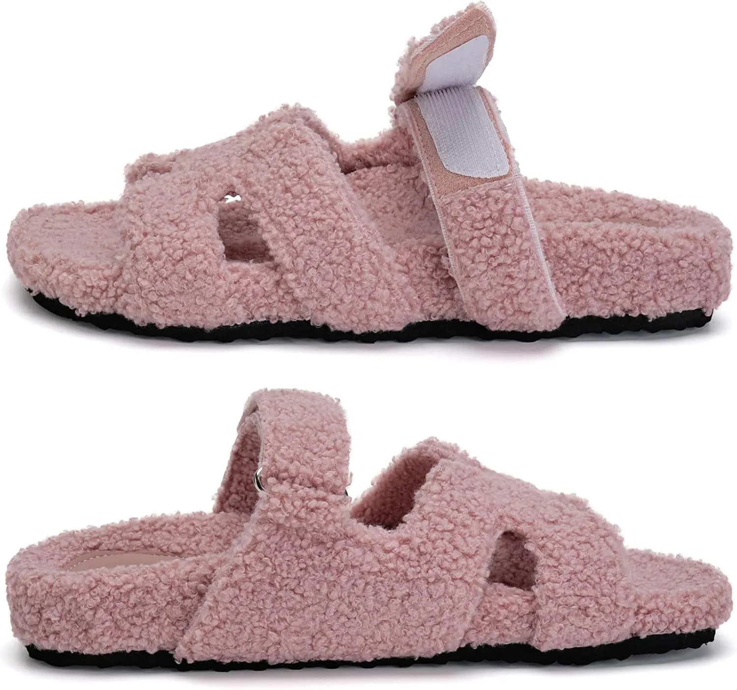 Womens Fuzzy H-Band Slippers Faux Shearling Open Toe Slide Sandal Adjustable House Shoes Wide Width