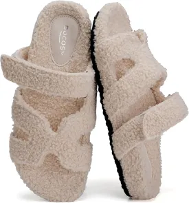 Womens Fuzzy H-Band Slippers Faux Shearling Open Toe Slide Sandal Adjustable House Shoes Wide Width