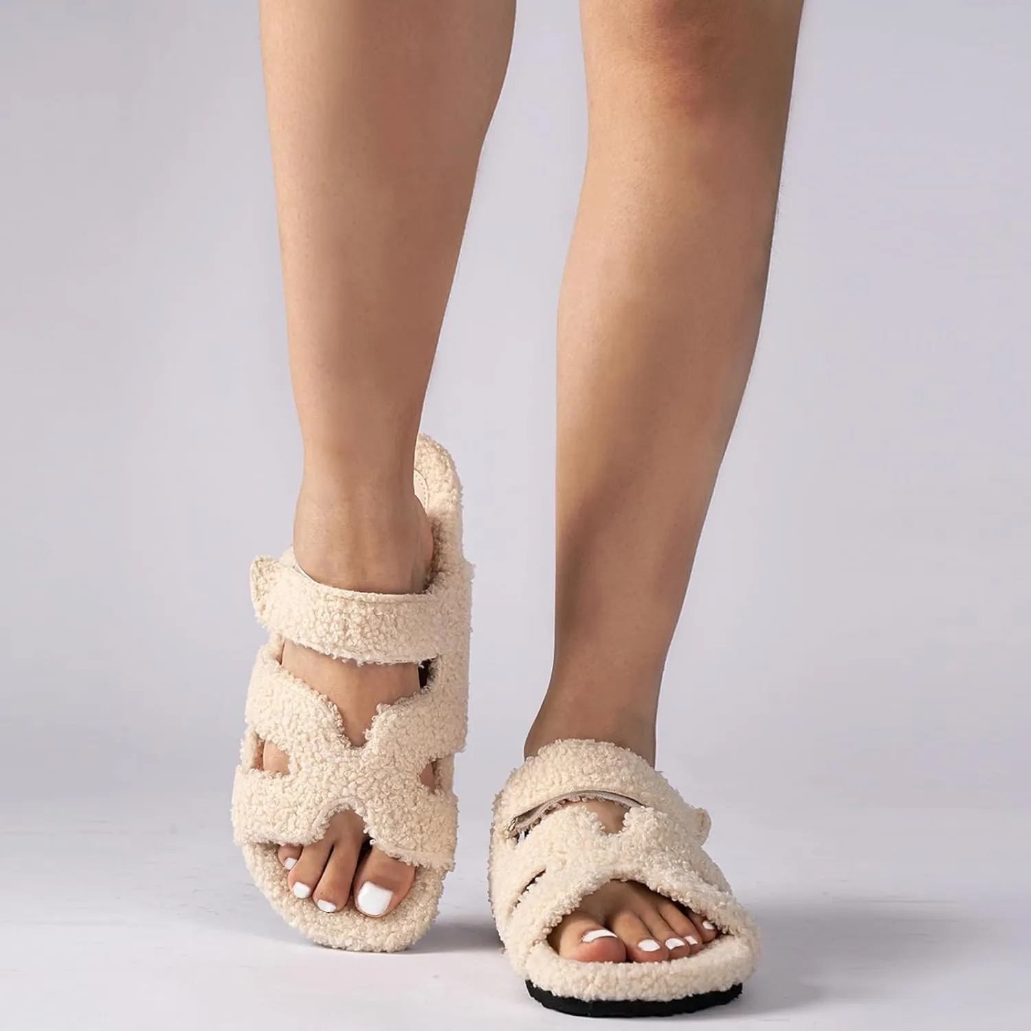 Womens Fuzzy H-Band Slippers Faux Shearling Open Toe Slide Sandal Adjustable House Shoes Wide Width