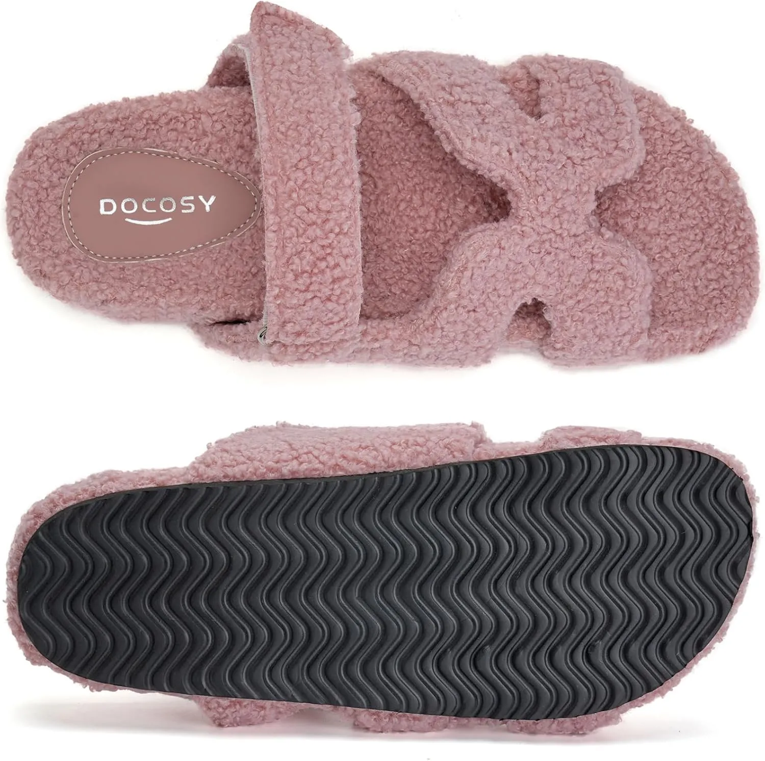 Womens Fuzzy H-Band Slippers Faux Shearling Open Toe Slide Sandal Adjustable House Shoes Wide Width