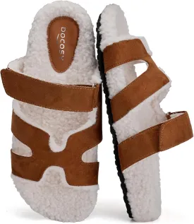 Womens Fuzzy H-Band Slippers Faux Shearling Open Toe Slide Sandal Adjustable House Shoes Wide Width