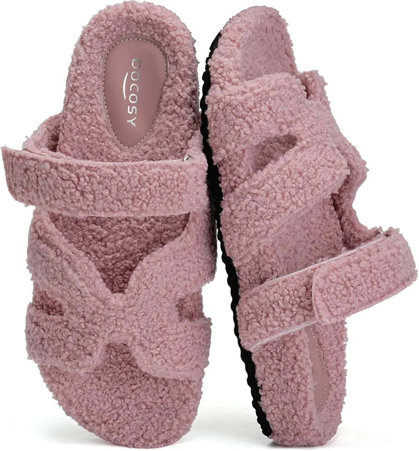 Womens Fuzzy H-Band Slippers Faux Shearling Open Toe Slide Sandal Adjustable House Shoes Wide Width