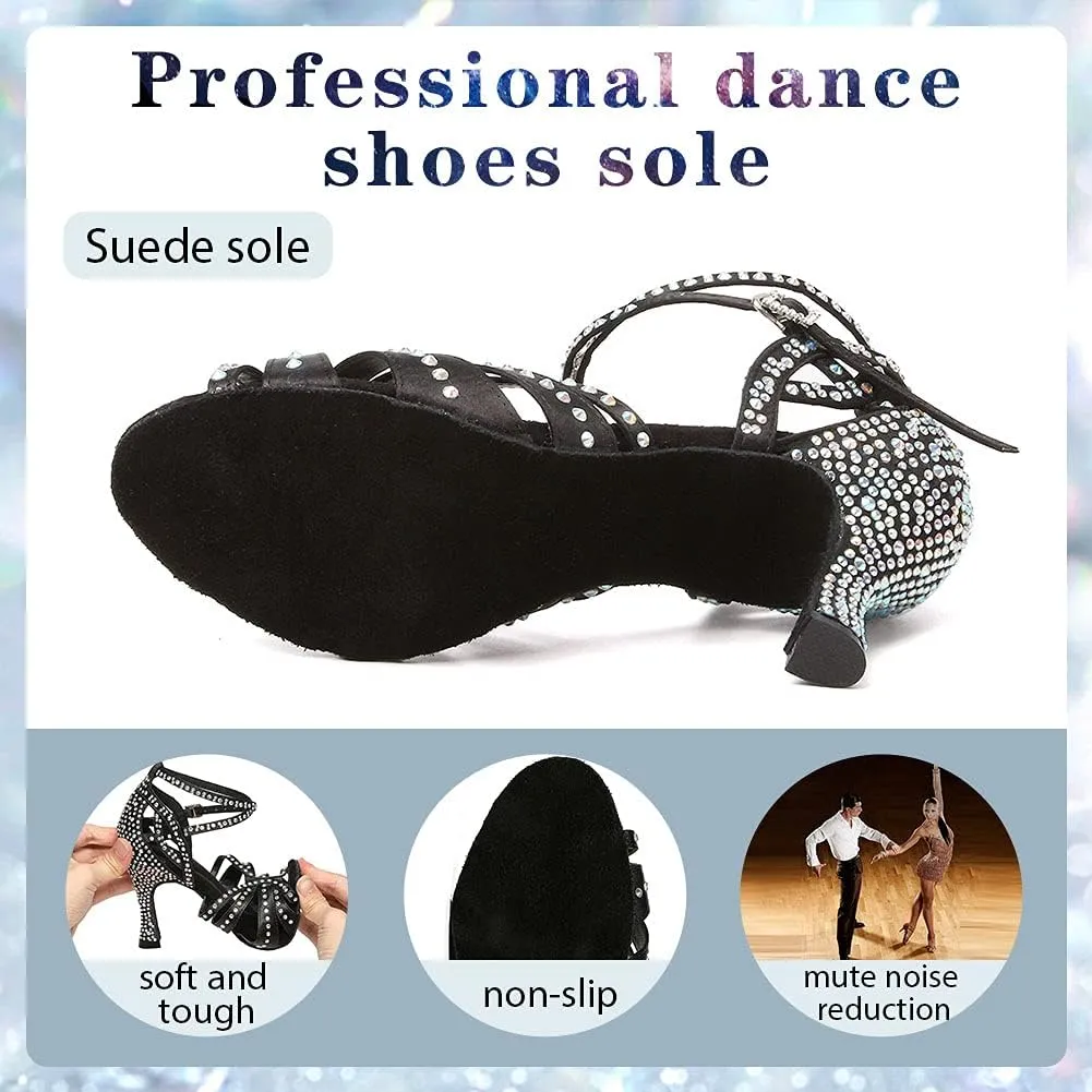 Women's Rhinestone Ballroom Dance Shoes Open Toe Latin Salsa Bachata Performance Dancing Shoes 3 Inch Heel