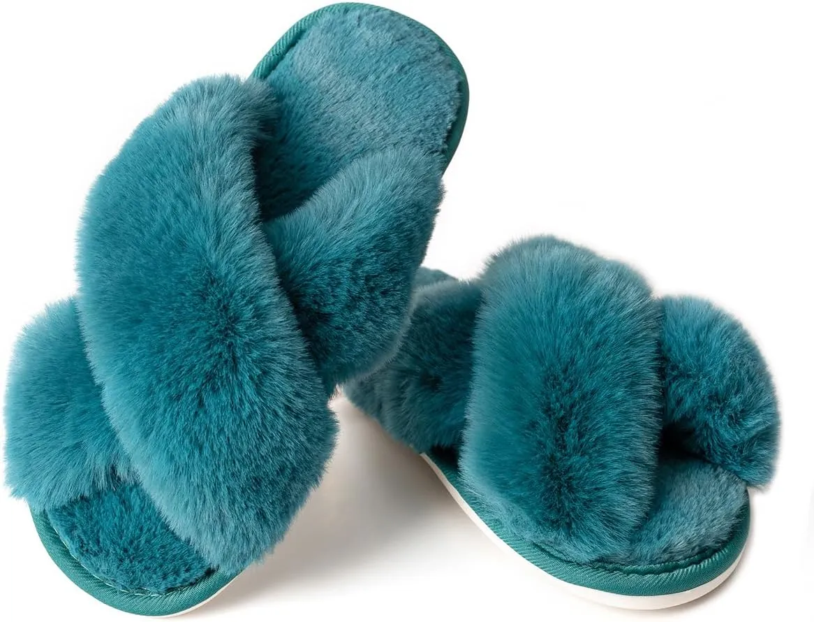 Women's Slipper Memory Foam Cross Band Fuzzy Slippers Open Toe Cozy House Slippers Cozy Plush Bedroom Indoor Outdoor
