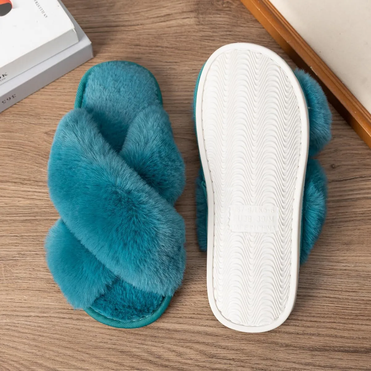 Women's Slipper Memory Foam Cross Band Fuzzy Slippers Open Toe Cozy House Slippers Cozy Plush Bedroom Indoor Outdoor